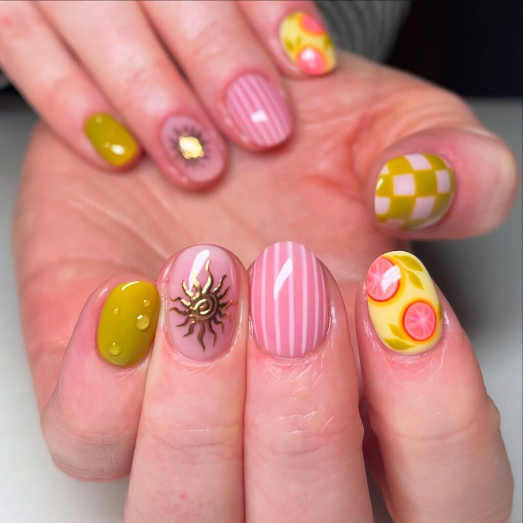 Short Oval Nail Ideas with Citrus Fruit Art and 3D Accents for a Fresh and Fun Summer Design