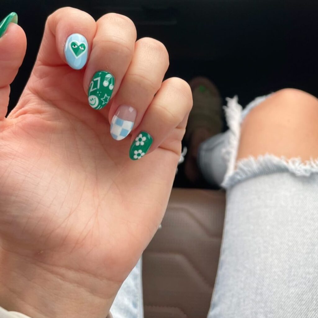 Short Rounded Nails with Green and Blue Art for a Fun, Nostalgic Summer Look