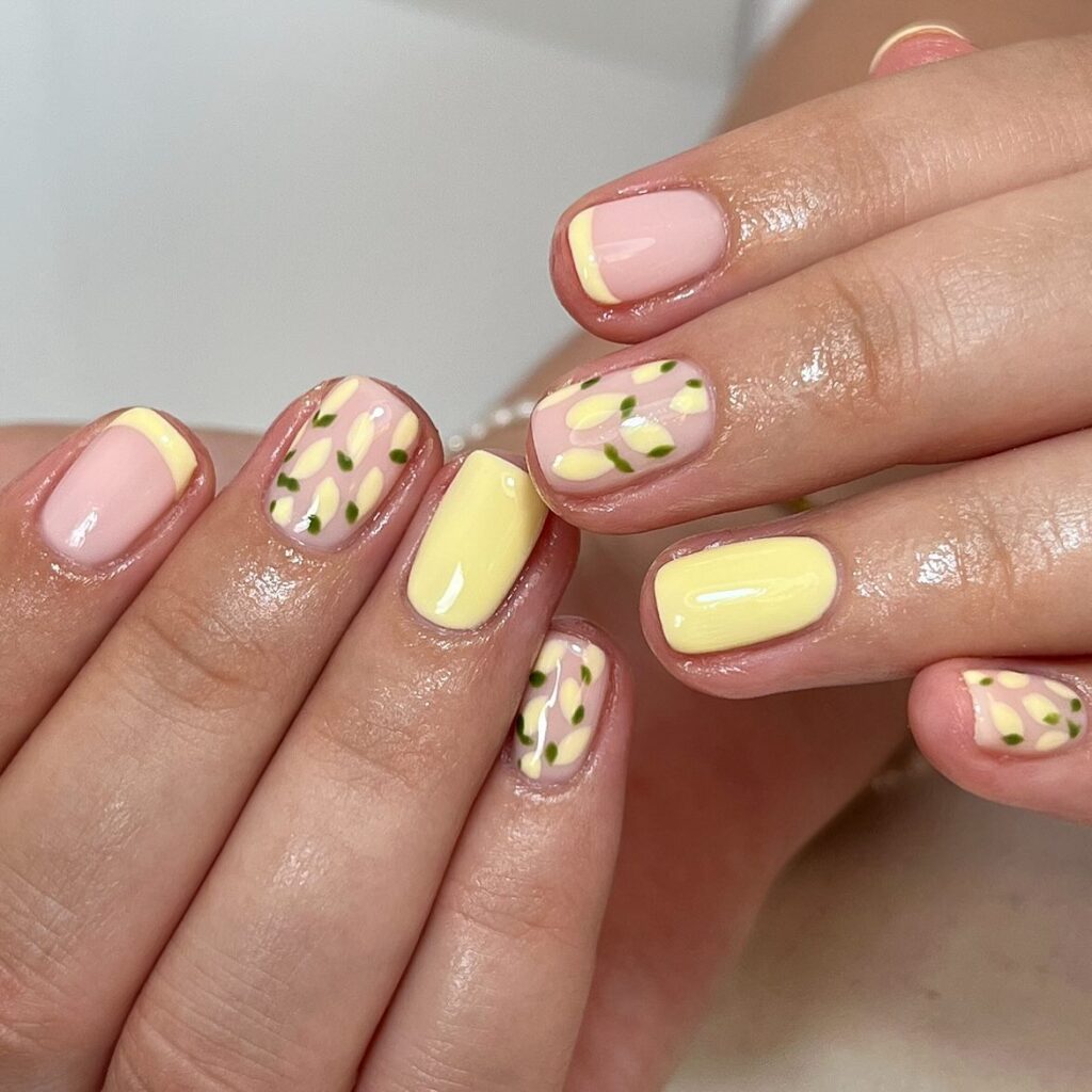 Short Square Nails with Pastel Yellow Lemon Tips and Pink Base