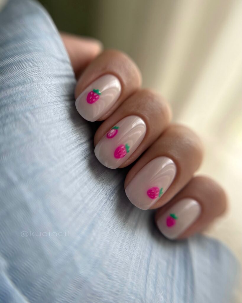 Short Nude Nails with Pink Strawberry Art for a Sweet Summer Look