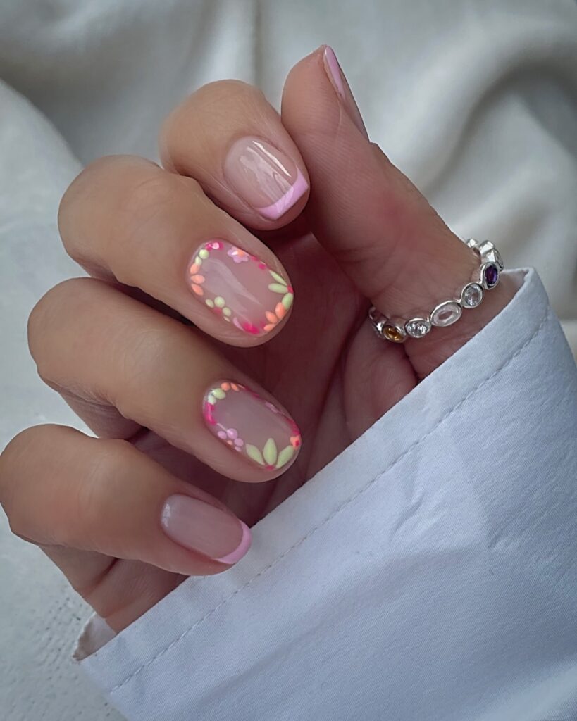 Short Round Nails with Neon Floral French Tips and Clear Base