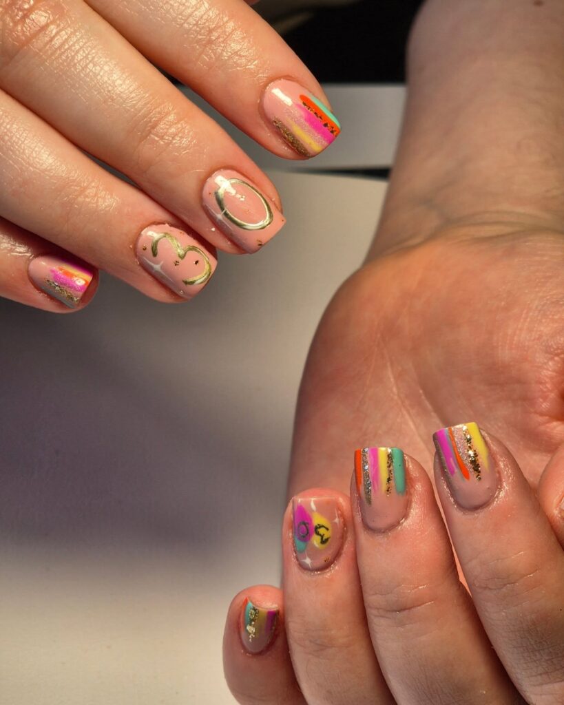 Short Square Birthday Nails with Neon Stripes and Chrome “2024” Accents
