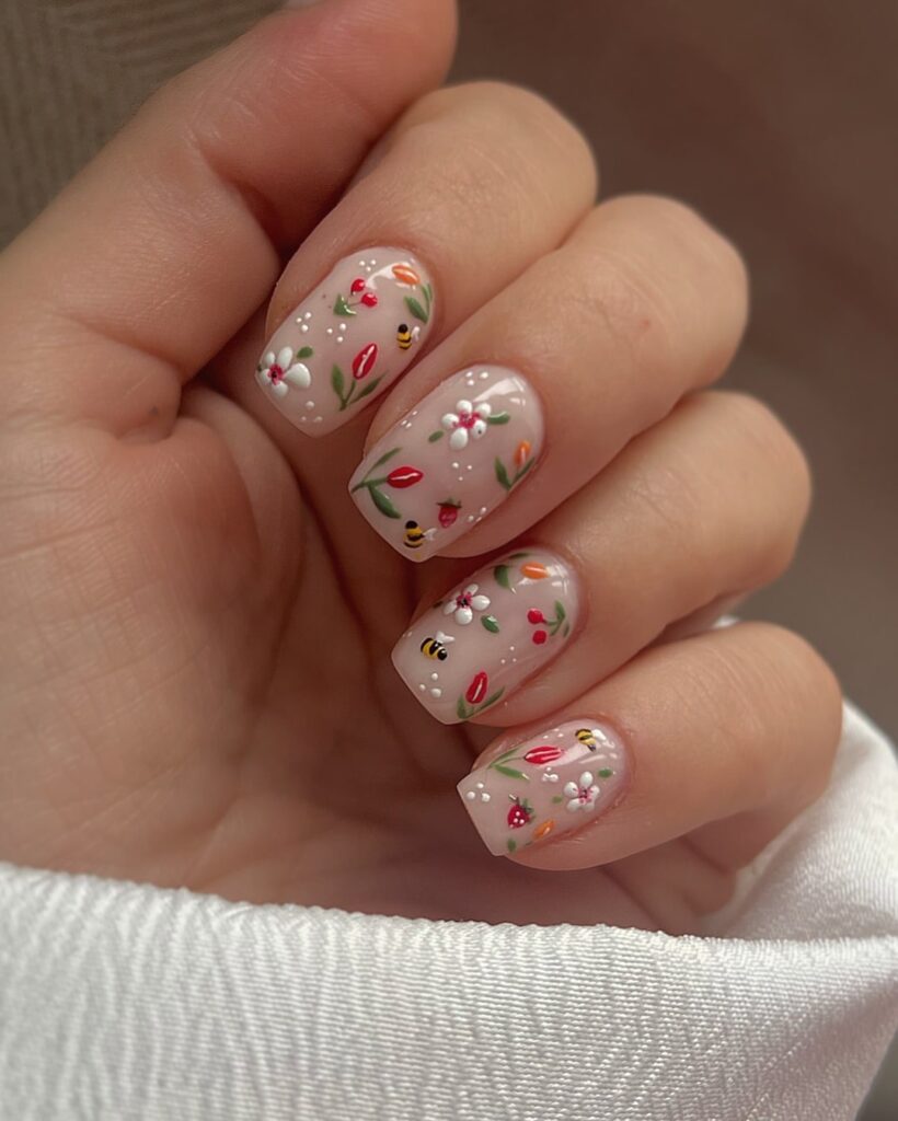 Short square nude nails with colorful garden flowers and tiny bees for a cute and fresh spring nail idea