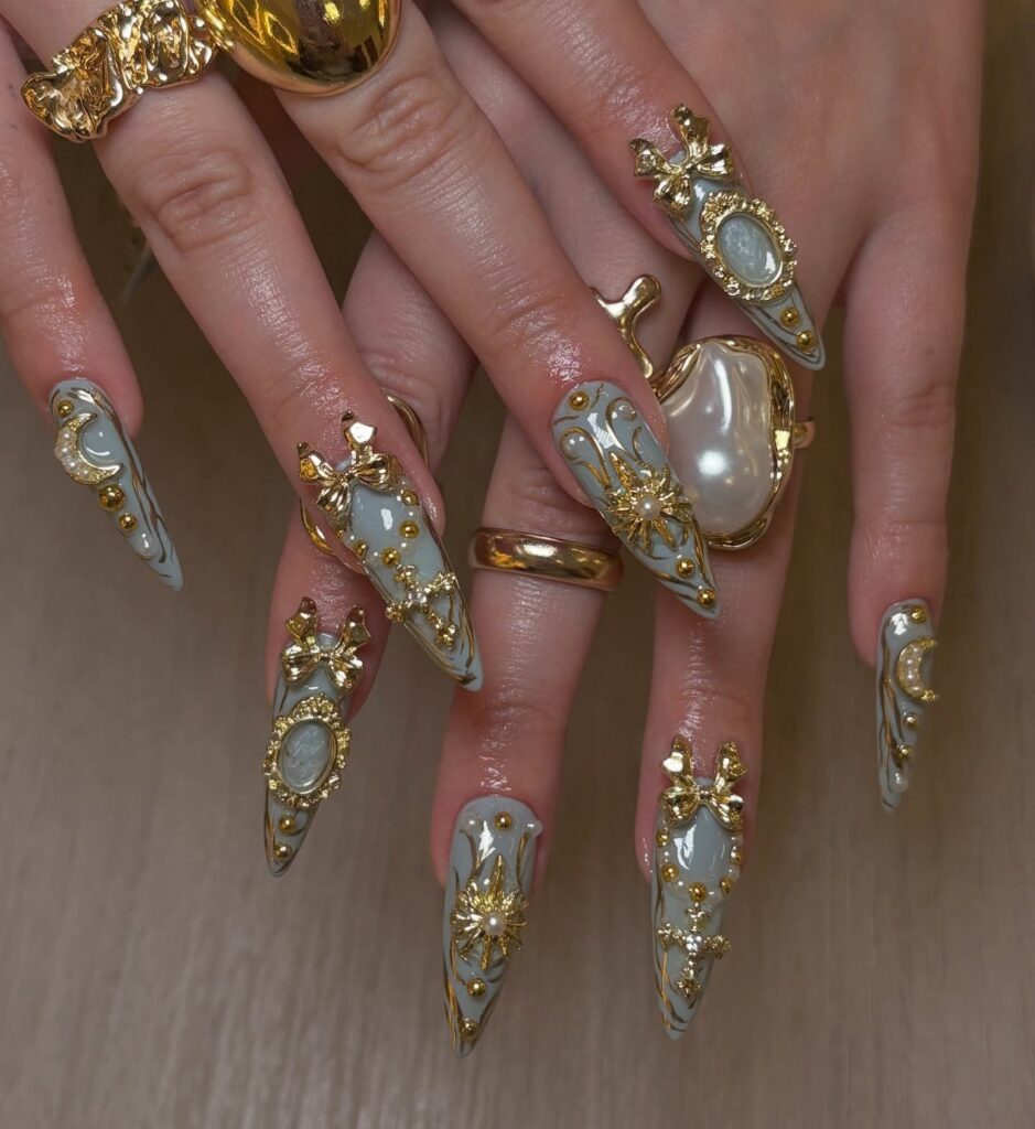 Slate Gray Marble Birthday Nails with Gold 3D Embellishments, Pearls, and Vintage Baroque Style for Luxury Nail Art
