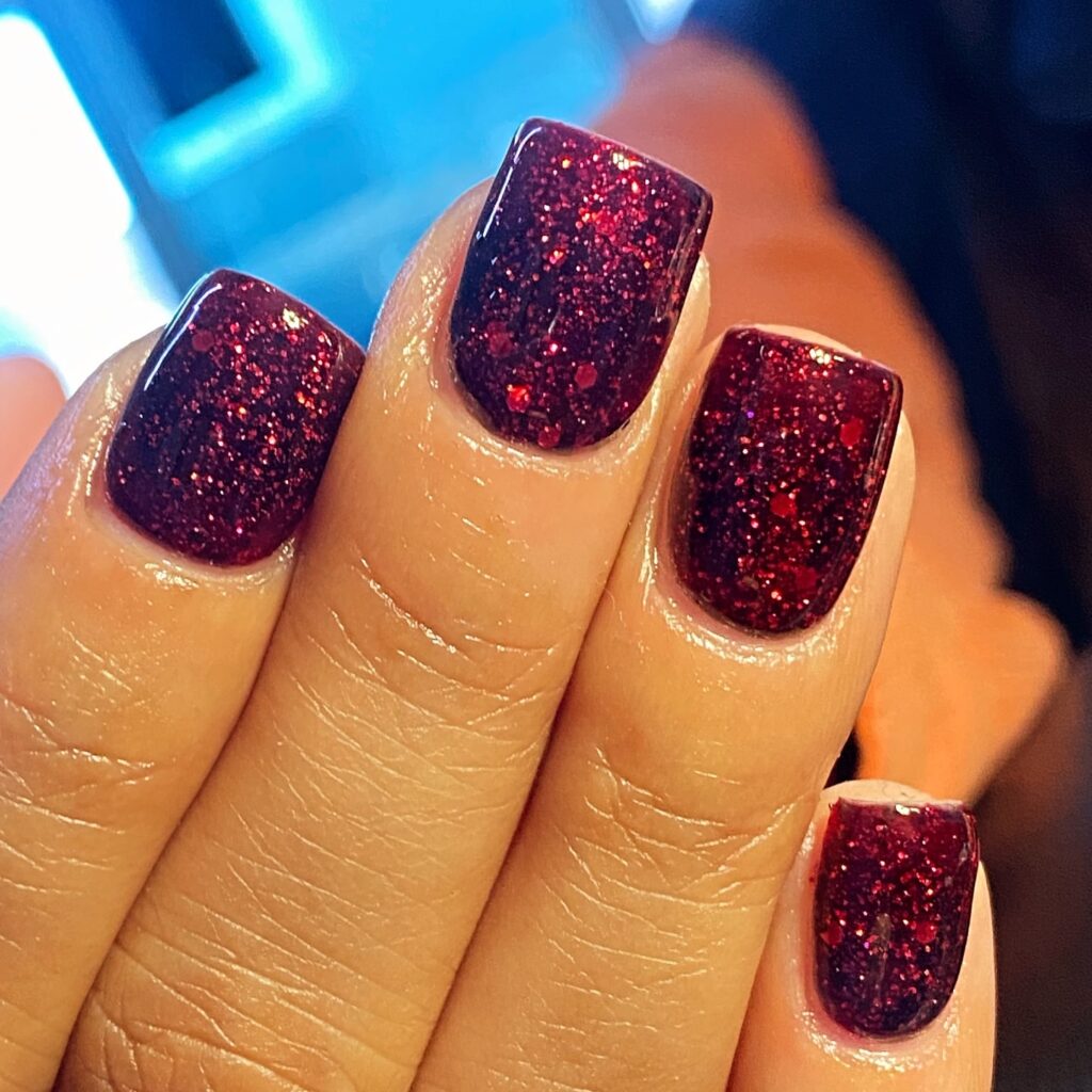 Sparkling Red Glitter Square Nails for Holiday Parties and Night Outs