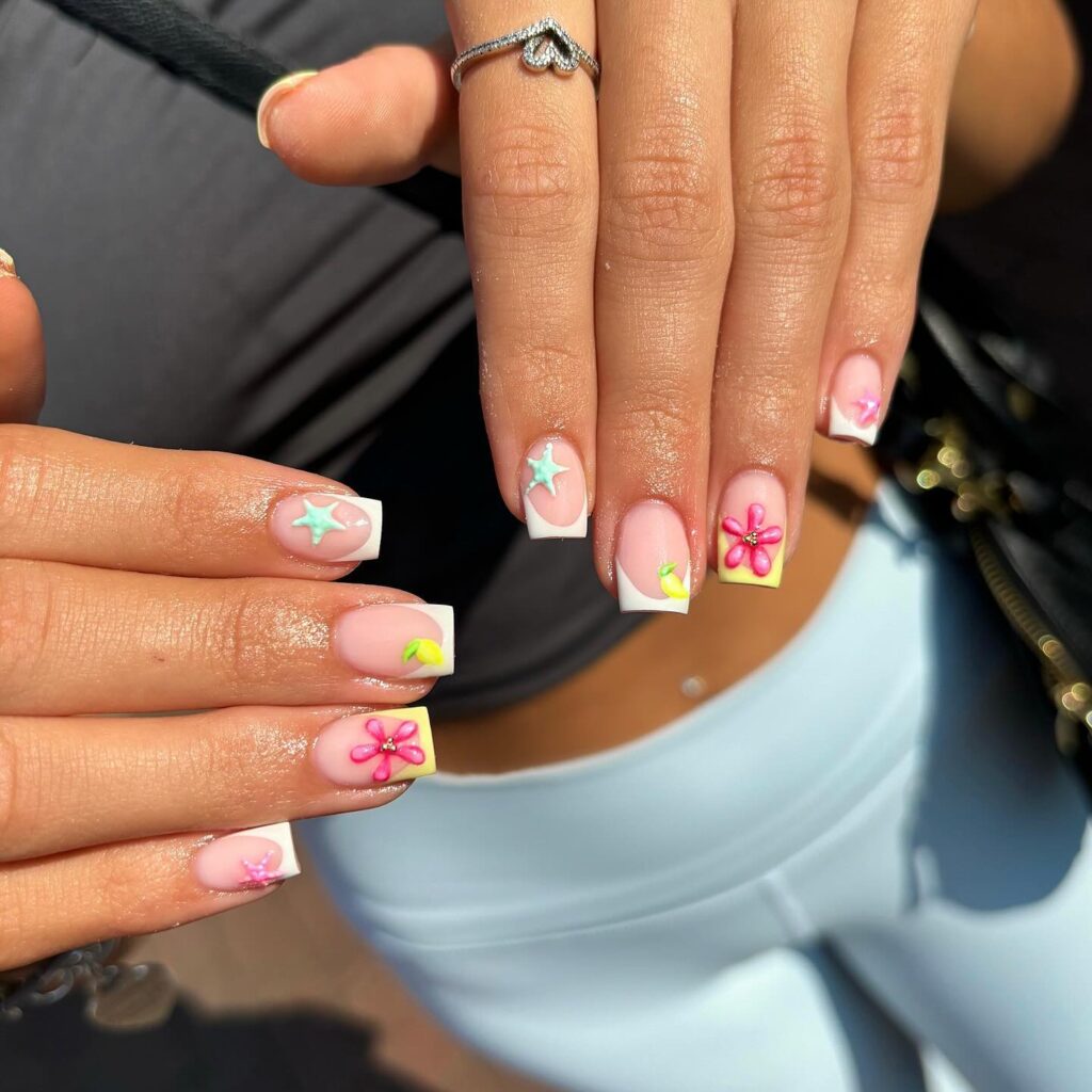 Square French Tip Nail Ideas with 3D Florals and Stars for a Playful Summer Finish
