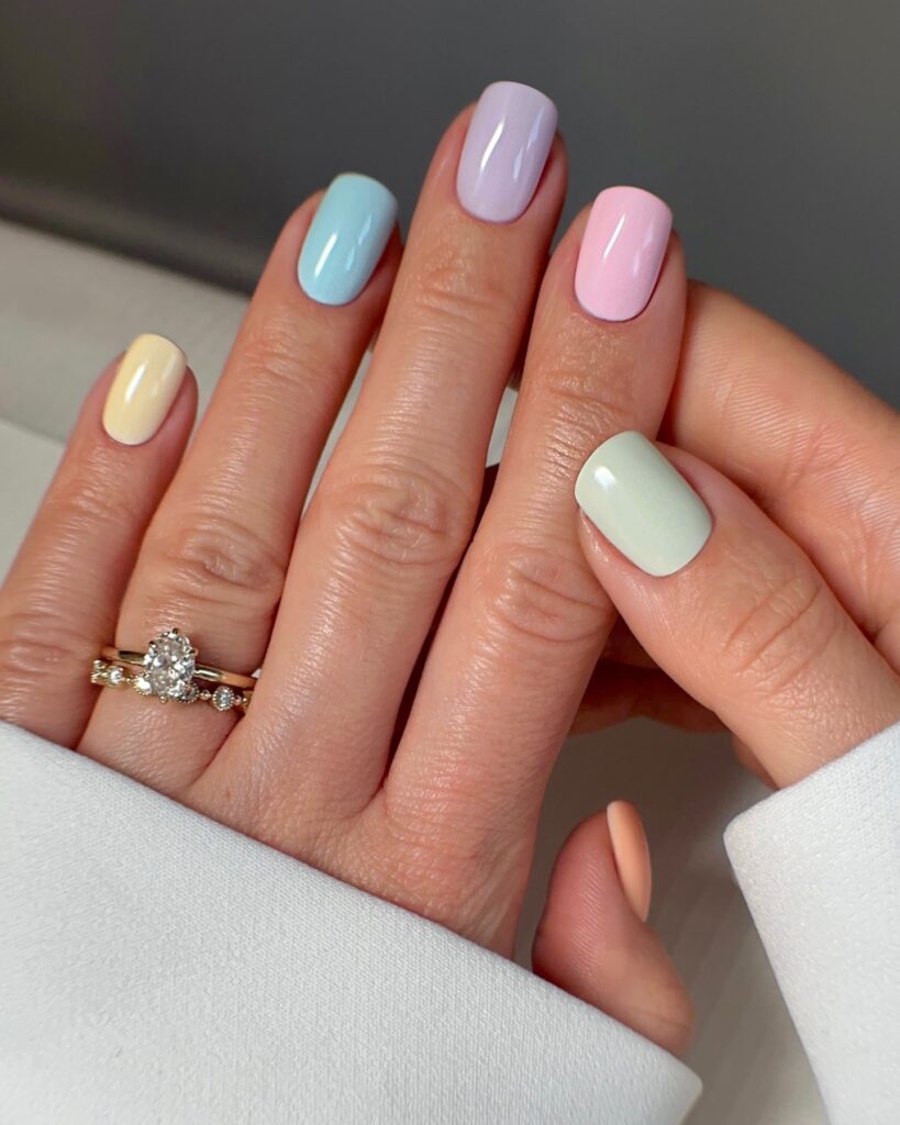 Square Pastel Rainbow Nails with Glossy Finish Minimalist Nail Ideas Perfect for Spring