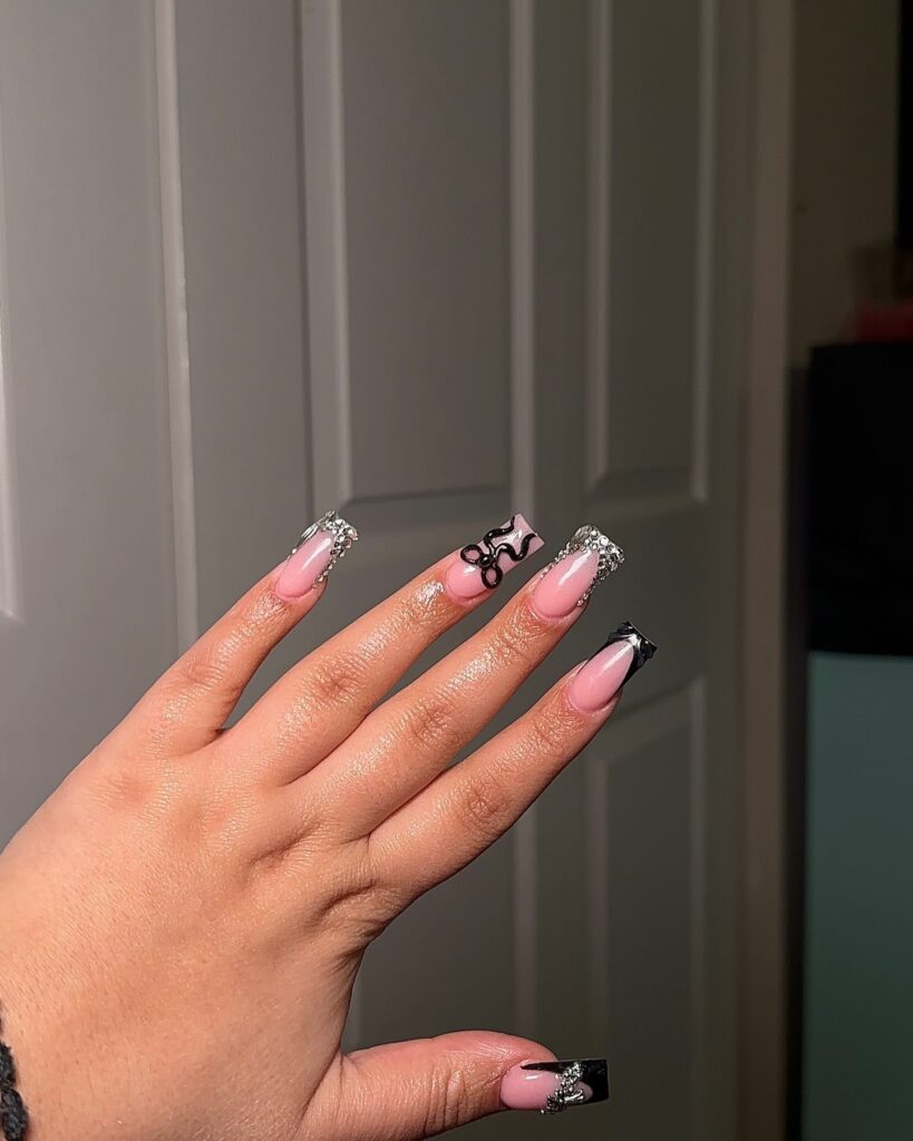 Square Birthday Nails with Black French Tips and 3D Bow Charms