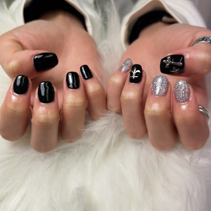 Square Black Nails with Glitter and 3D Silver Embellishments for Edgy Nail Art