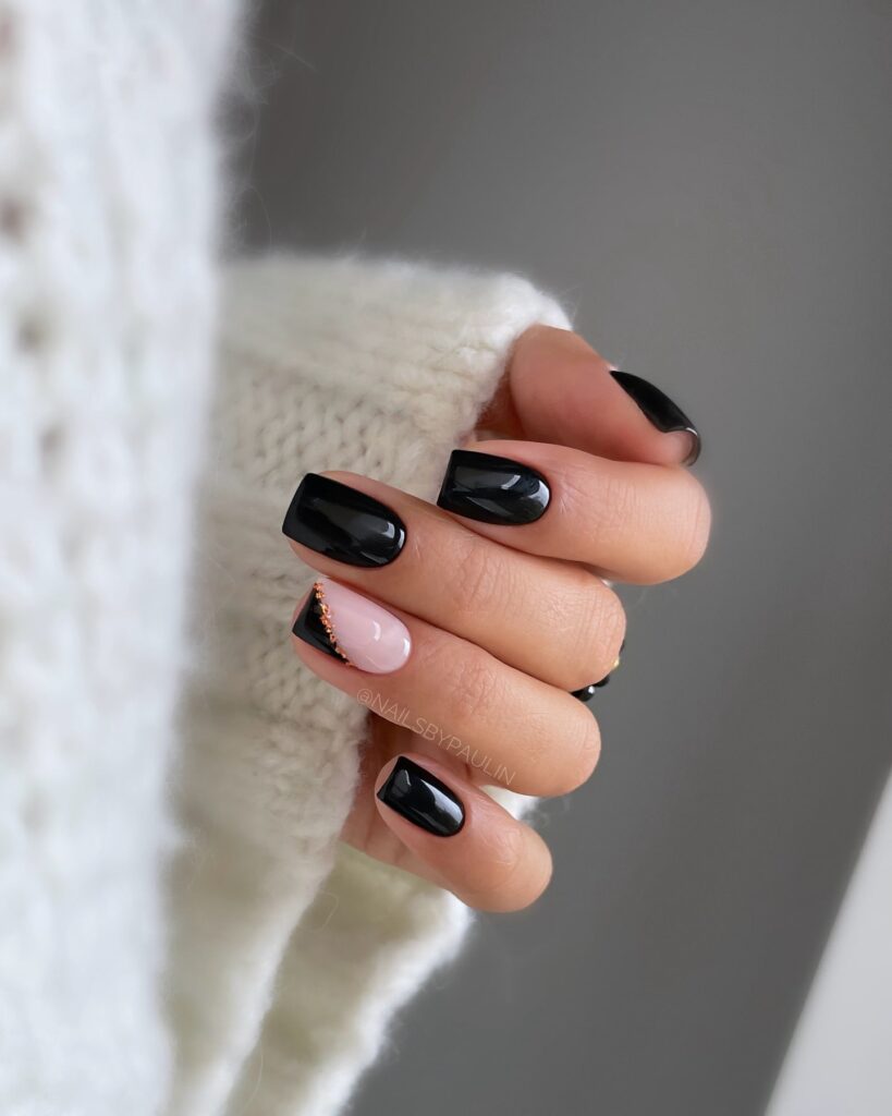 Square Black Nails with Nude Diagonal Tips and Gold Studs