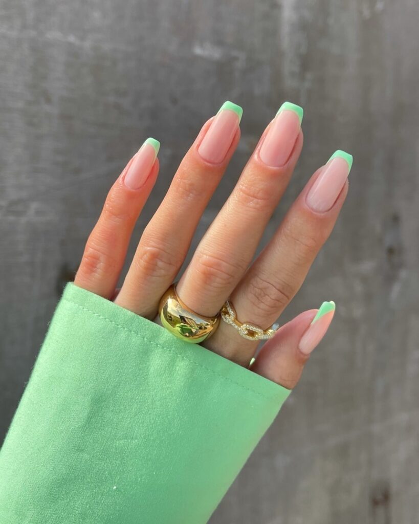 Square mint green french tip nails with nude pink base for a clean spring look nail ideas