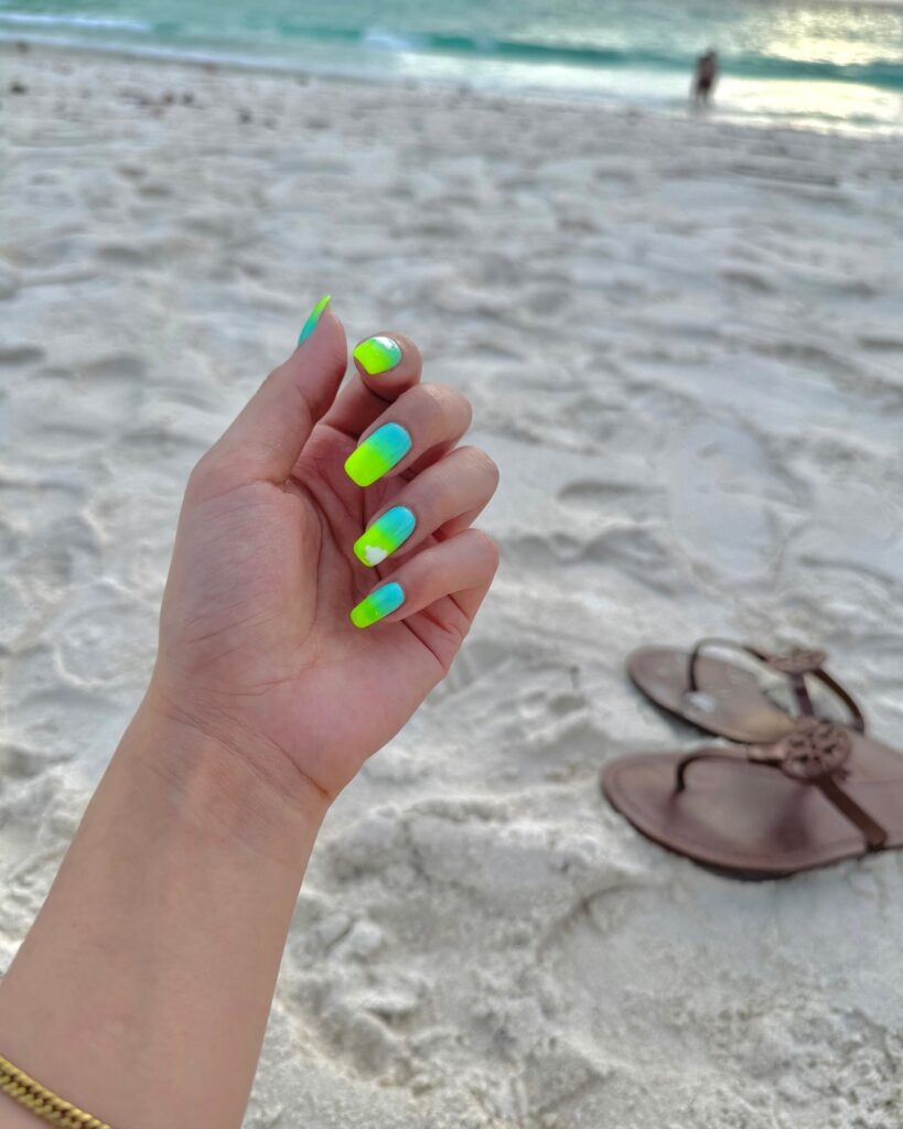 Square Neon Green and Aqua Ombré Beach Nails with Floral Accents
