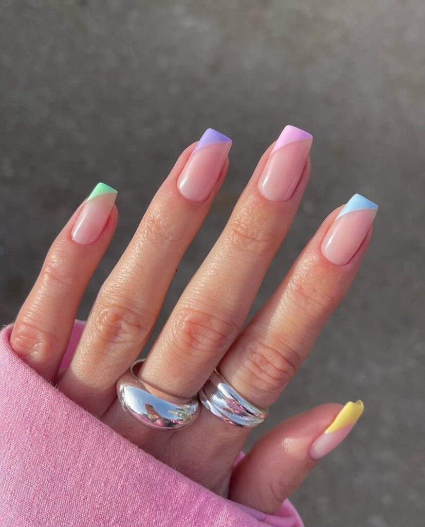Square Pastel French Tip Nails with Diagonal Color Blocks for Spring and Summer