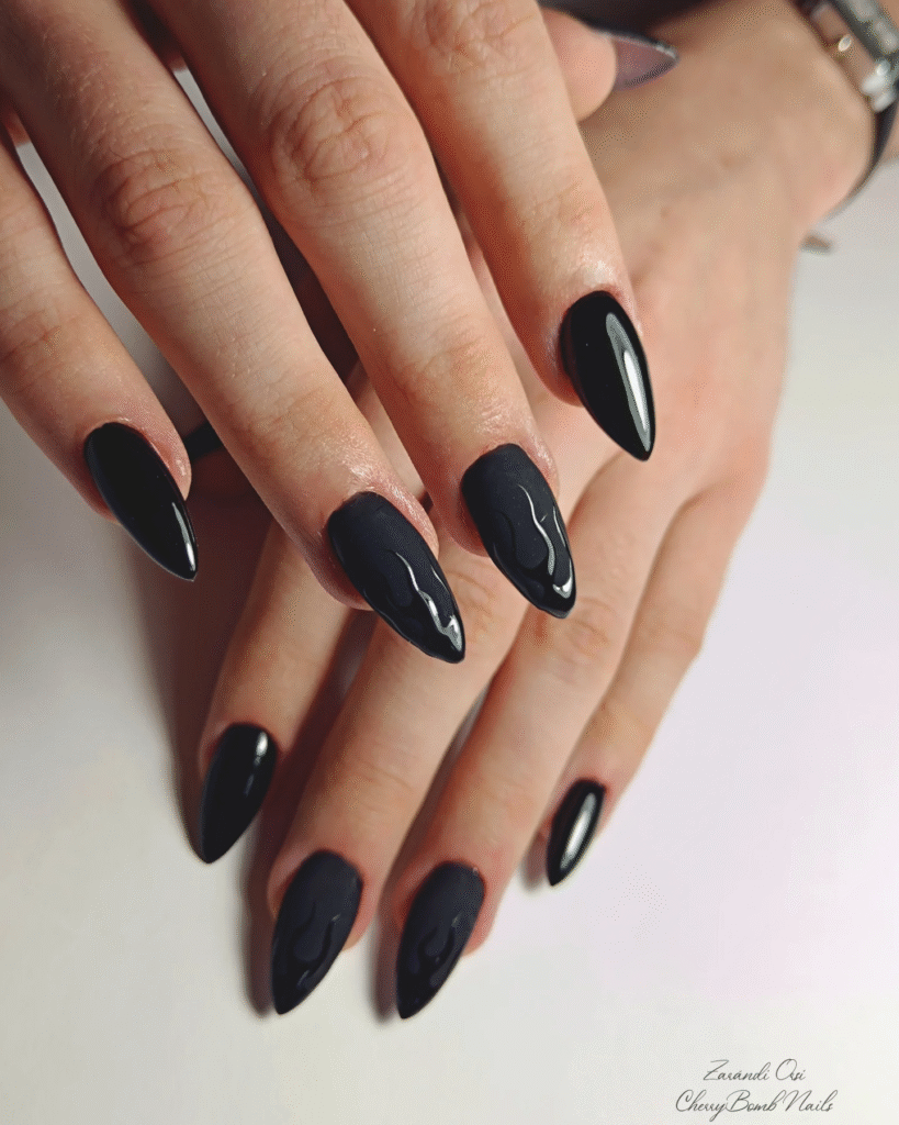 Stiletto Matte Black Nails with Glossy Flame Art – Trendy Monochrome Nail Idea with Edge