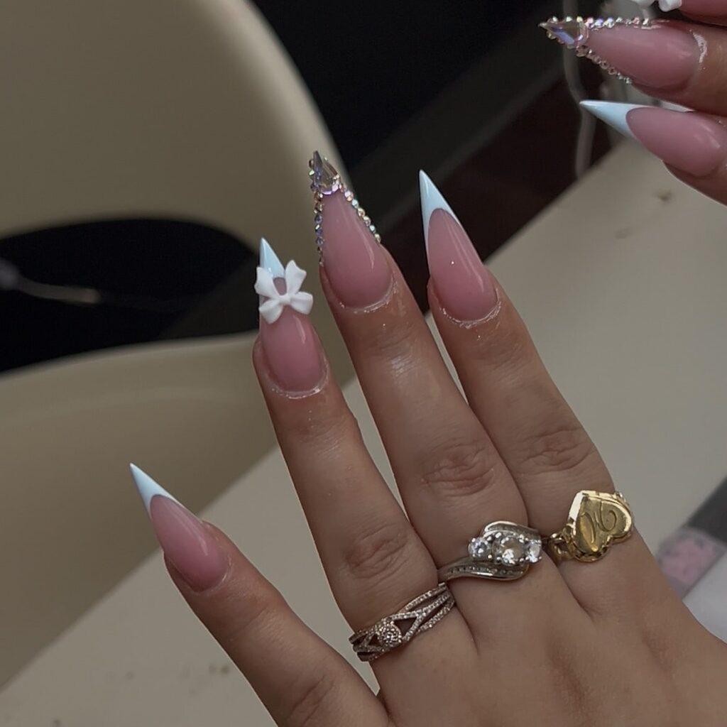 Stiletto Pink and Blue French Tips with Rhinestones and 3D Flowers