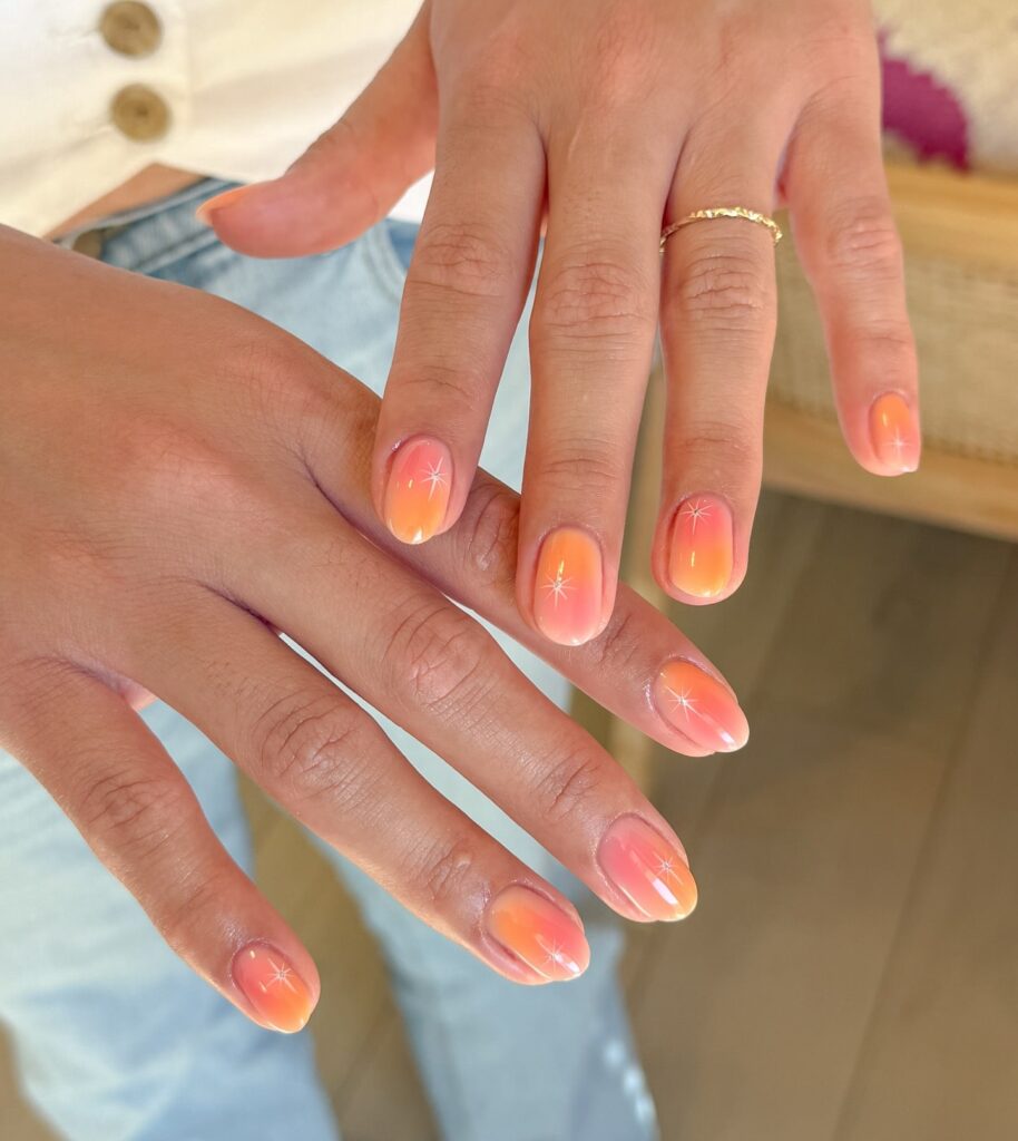 Sunset Almond Nails with Starburst Art – Summer Simple Nail Ideas for a Radiant Look