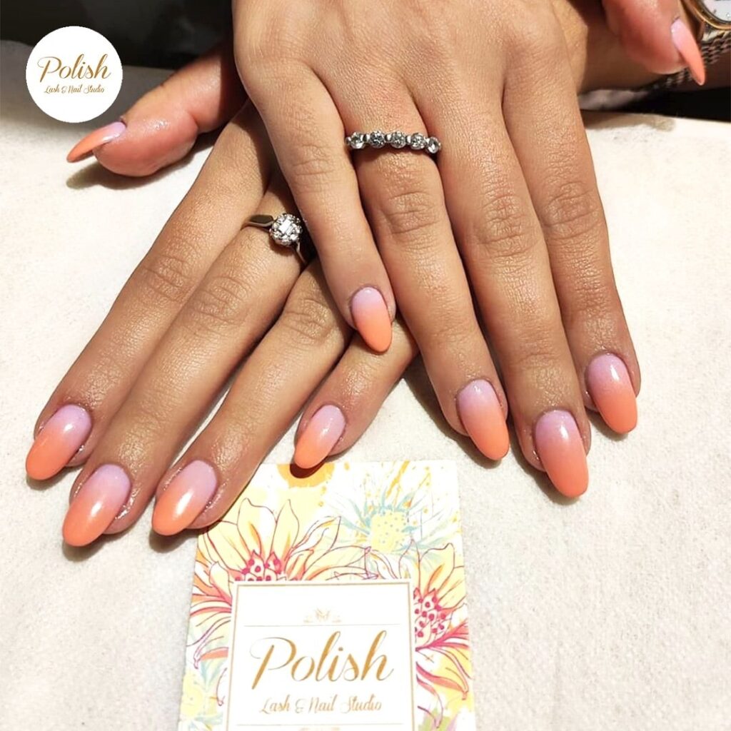 Sunset Ombre Almond Nails in Lavender and Orange for a Beach Vacation Glow