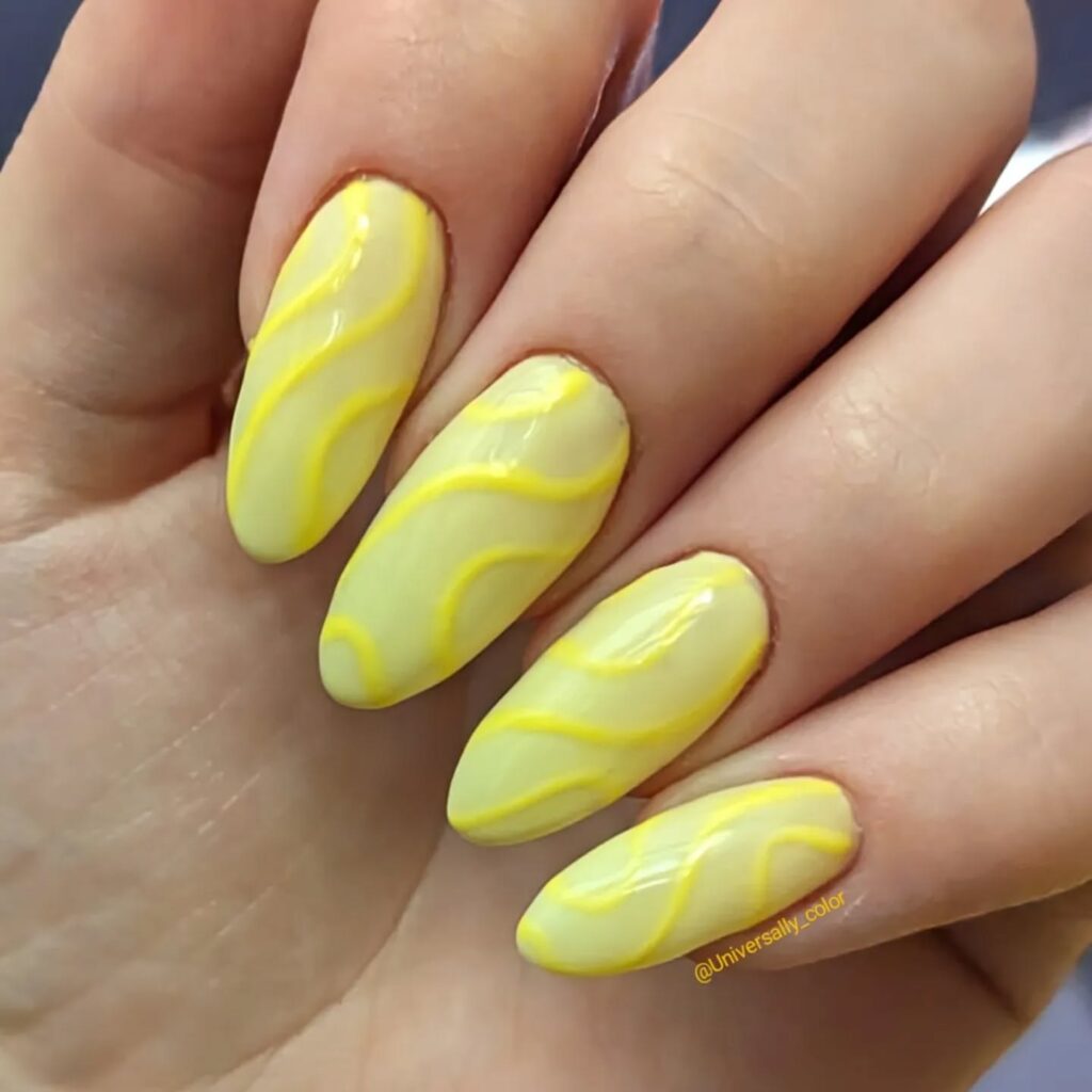 Sunshine Yellow Almond Nails with Glossy 3D Squiggle Lines