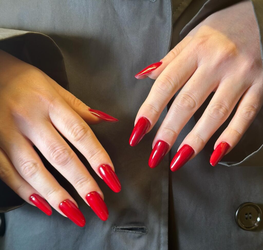 Tapered Red Almond Nails for a High-Fashion, Confident Look