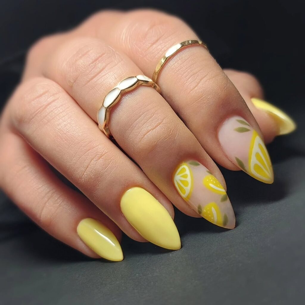 Tropical Almond Nails with Lemon Slice Art and Glossy Yellow Polish