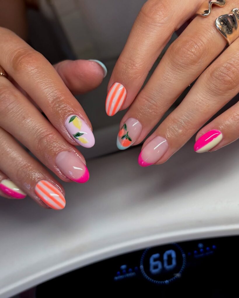 Tropical Almond Nails with Fruit Art and Bold Color Blocks for Summer
