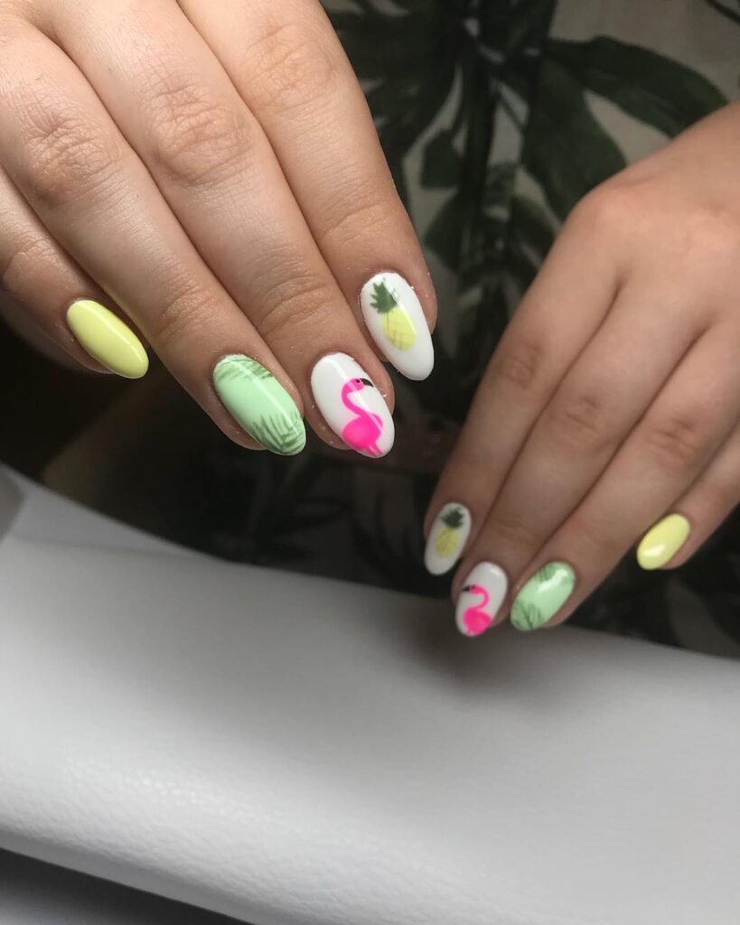 Tropical Flamingo and Pineapple Nail Ideas with Mint and Pastel Yellow Hues