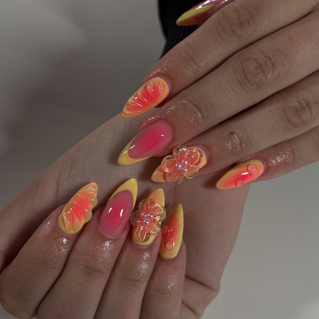 Tropical Gradient Almond Nails with Marbled Swirls and 3D Floral Embellishments