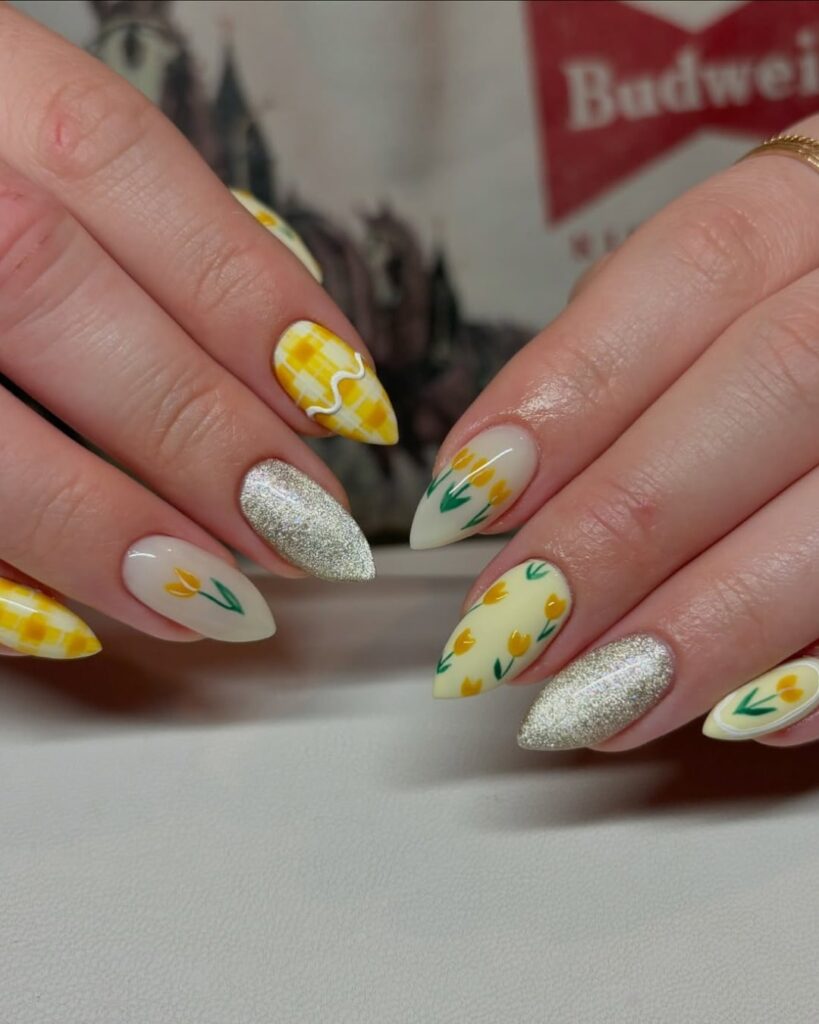 Tulip and gingham almond nails with glitter – playful floral yellow nail ideas for spring days