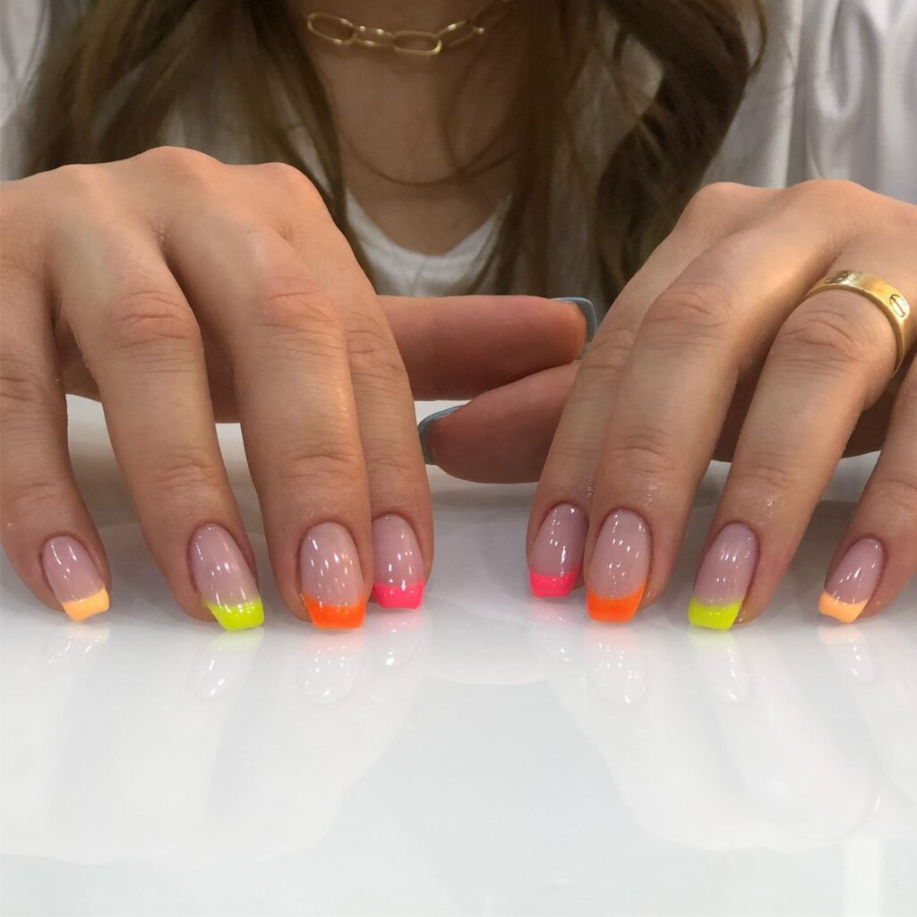 Vibrant Neon French Tips on Square Nails for a Bright and Clean Summer Design