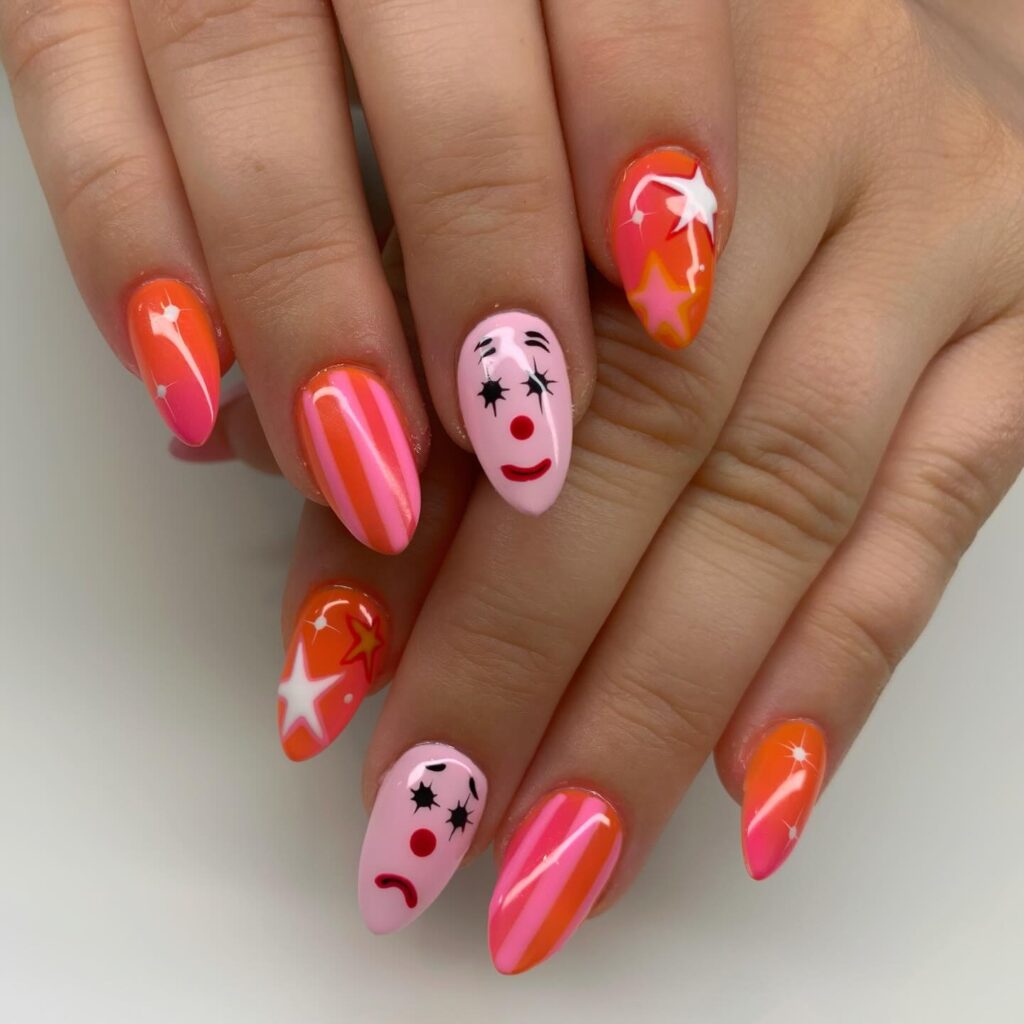 Whimsical Almond Birthday Nails with Stripes, Stars, and Clown Art Details