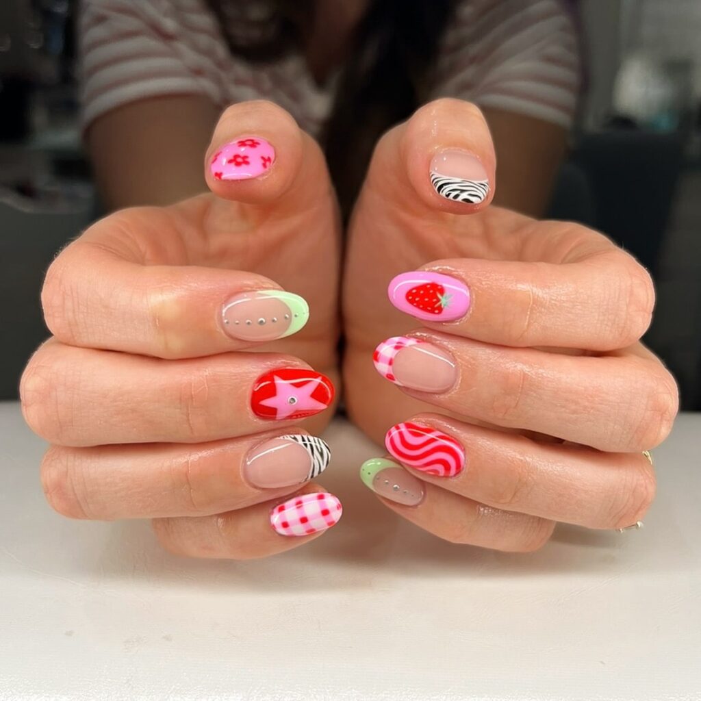 Whimsical Strawberry and Gingham Nail Art with Mixed Prints – Maximalist Birthday Nail Ideas