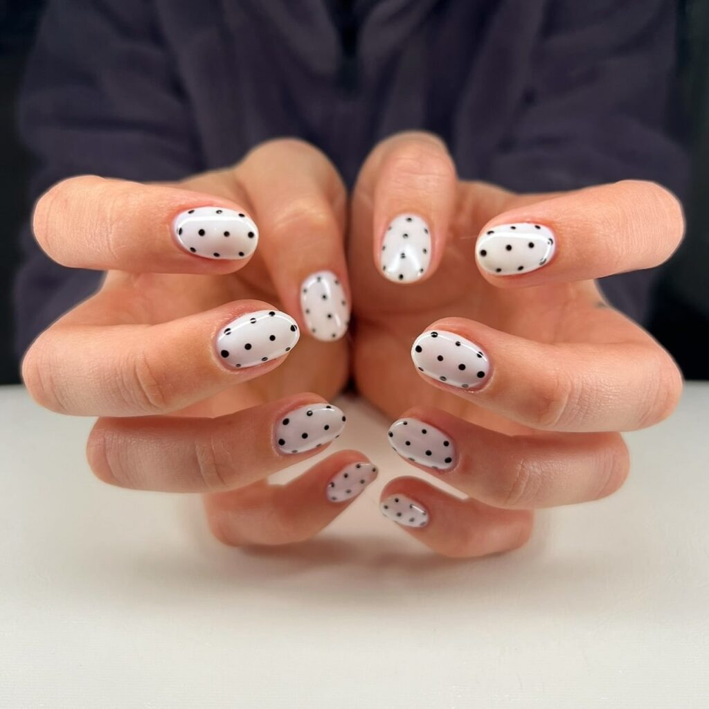 White and Black Polka Dot Nail Art for Short Nails – Cute Minimalist Nail Ideas