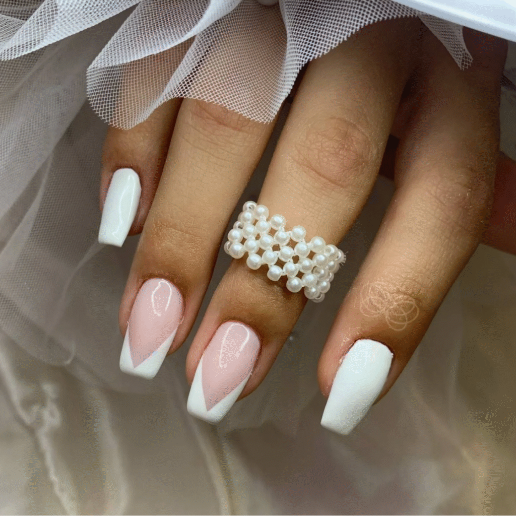 White square nails with v tip French accents for classy bridal nail ideas