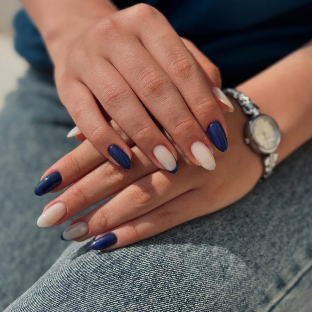 Almond navy and cream nails modern french tip simple nail ideas for everyday style