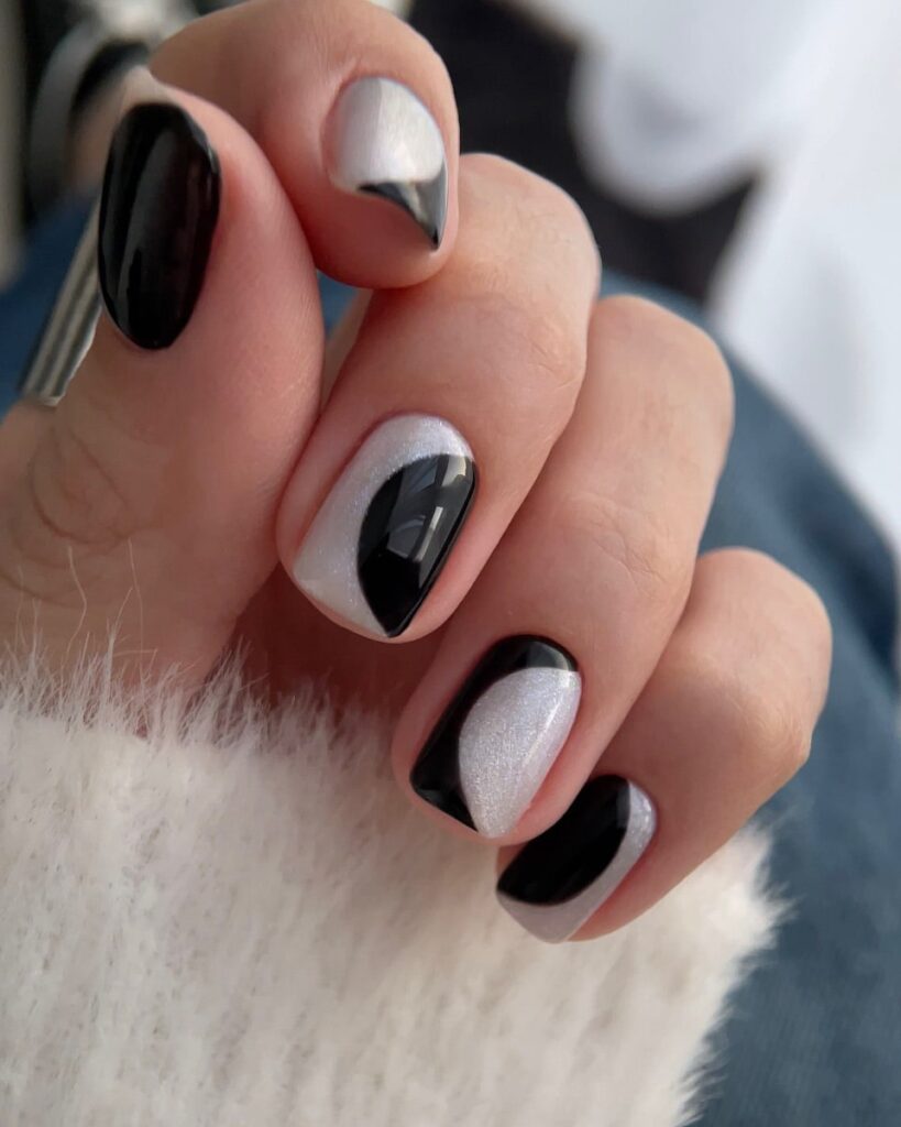 Black and silver square nails with geometric tips edgy evening nail ideas