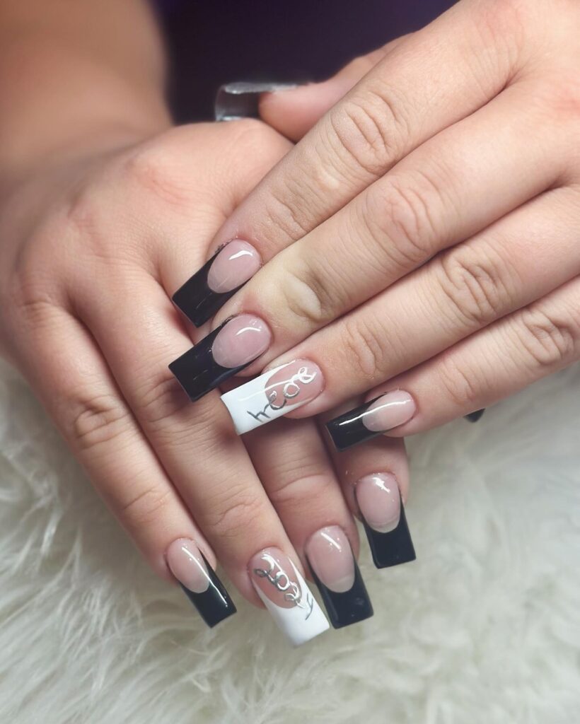 Black and white cat themed square nails with French tips for graduation