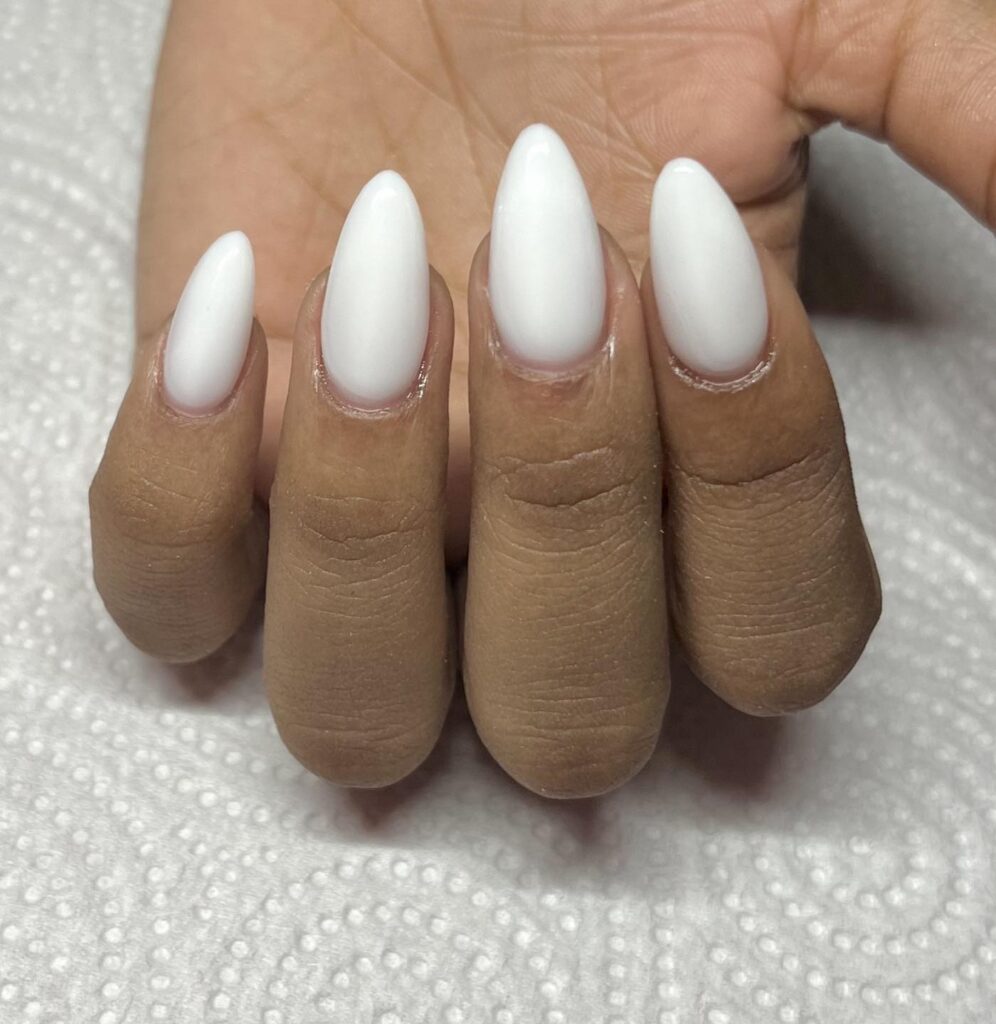 Bold Almond White Nails with Glossy Finish for a Statement Look