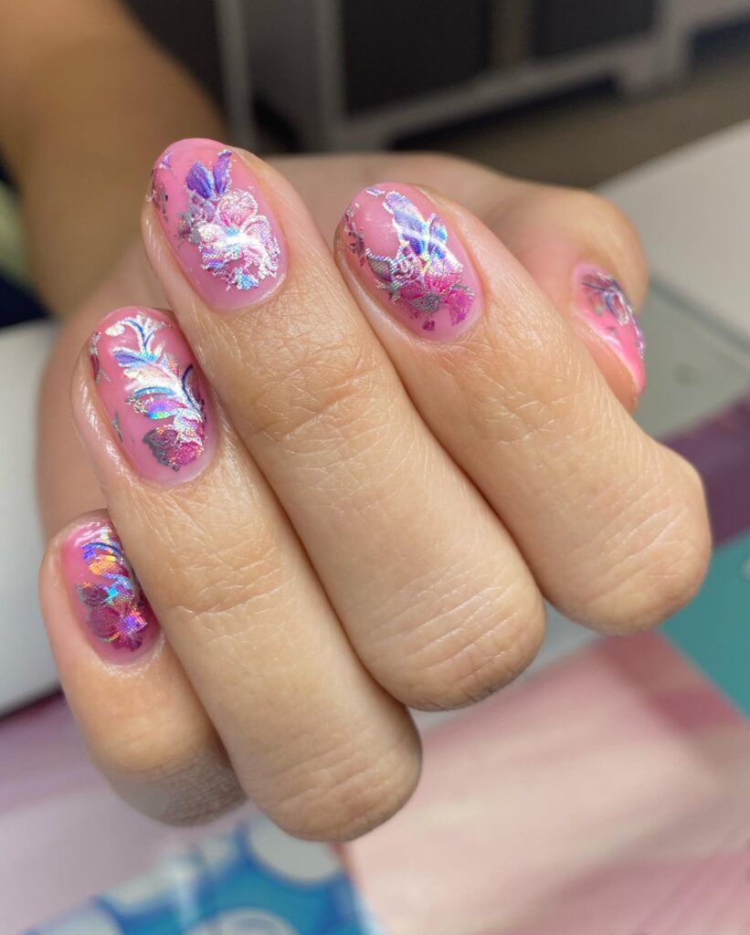 Bubblegum Pink Oval Nails with Holographic Floral Foil for Graduation Glow