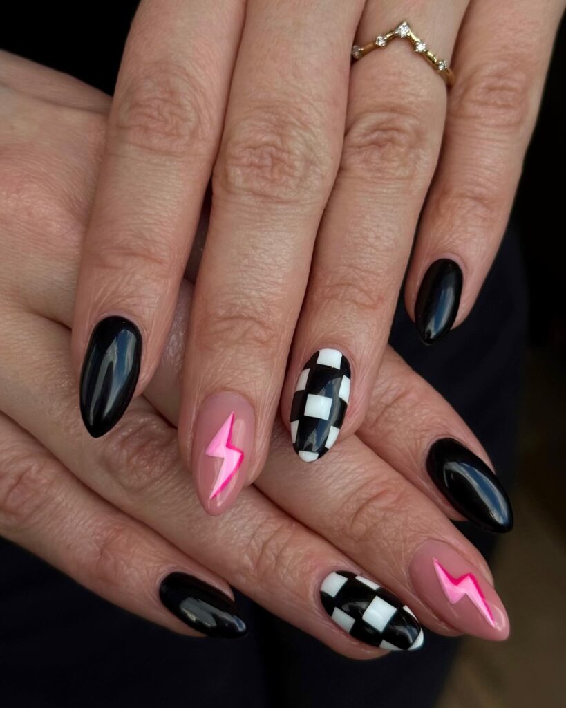 Checkerboard and Lightning Bolt Almond Nails with Bold Black Contrast