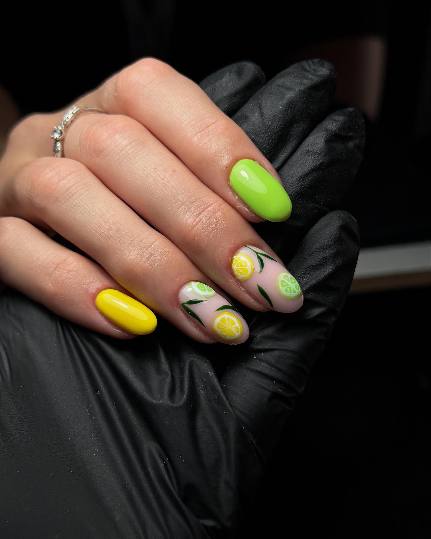 Citrus-Inspired Neon Green and Yellow Nails with Lemon and Lime Slice Art on Nude Base