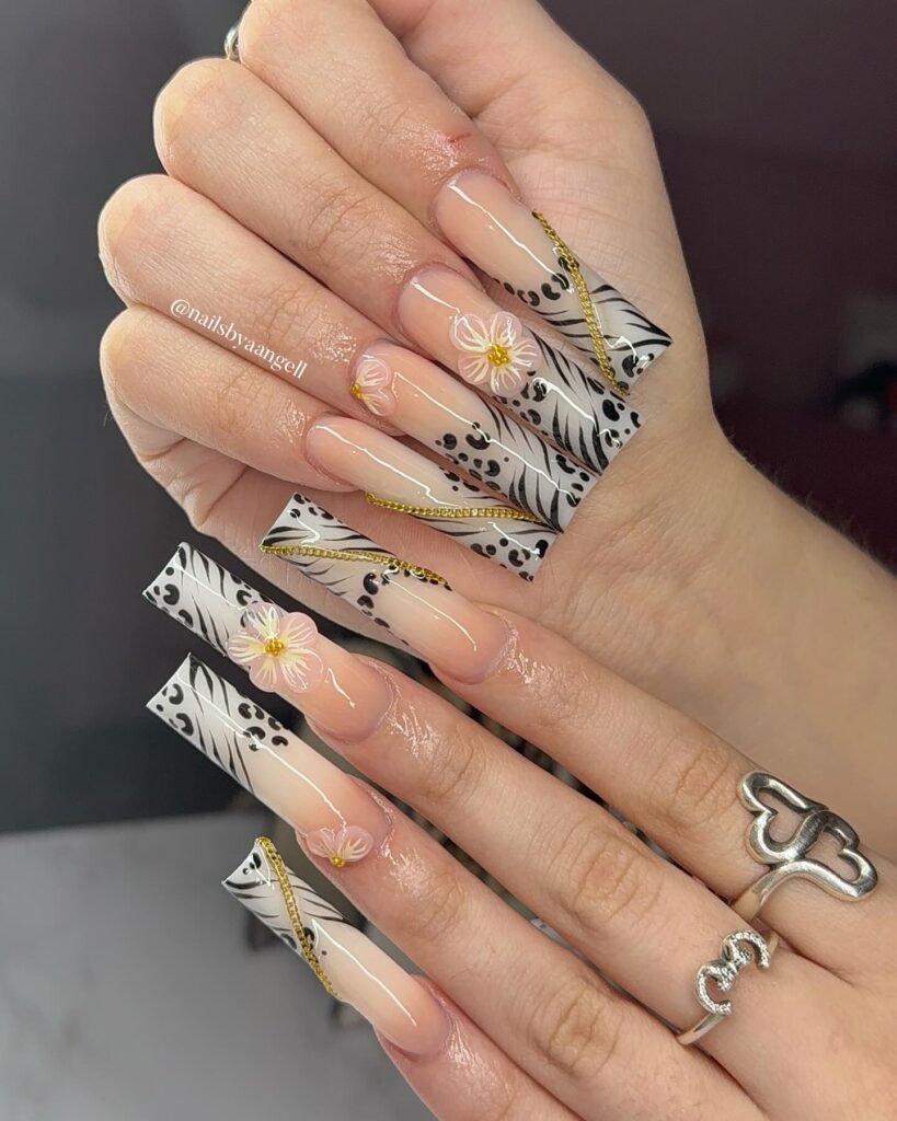 Coffin-Shaped Birthday Nails with Animal Print, Gold Chains, and 3D Pastel Flowers