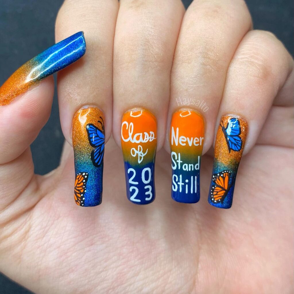 Colorful Square Graduation Nails with Butterfly Art and Inspirational Lettering