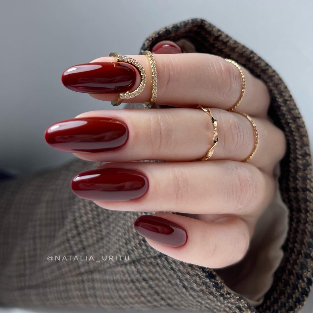 Deep Burgundy Almond Nails with a Sophisticated Autumn Charm