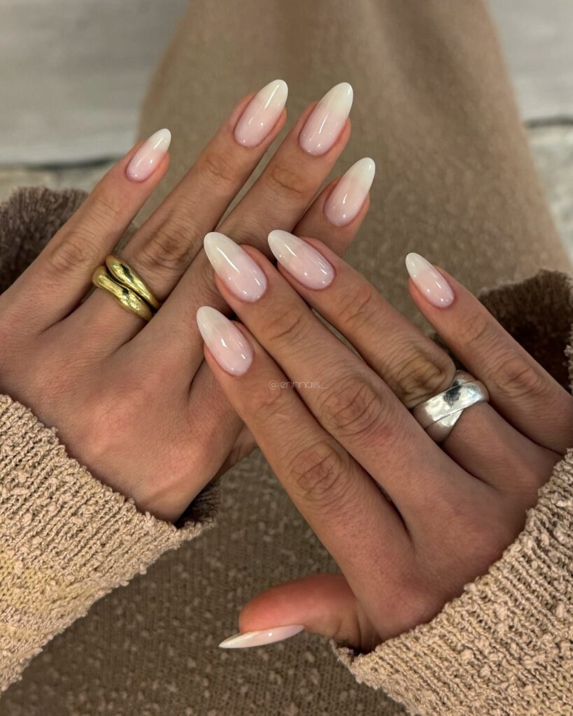 French ombre almond nails in milky white for soft wedding nail ideas