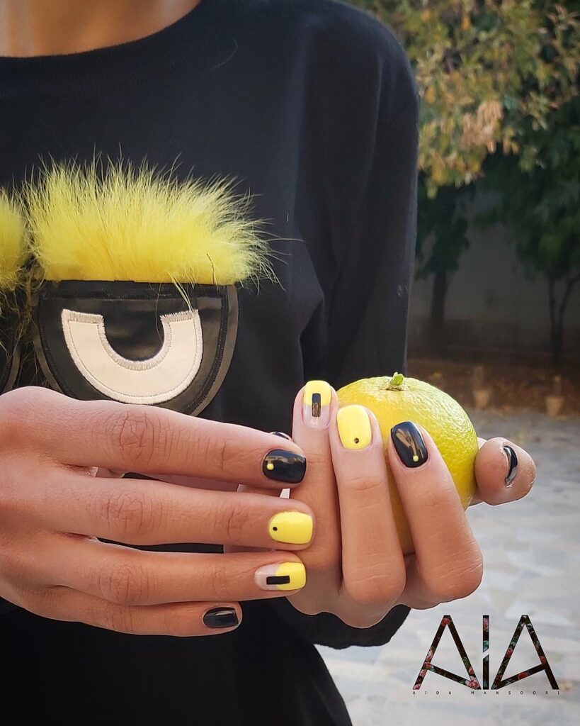 Geometric Yellow and Black Nails with Modern Square Shape