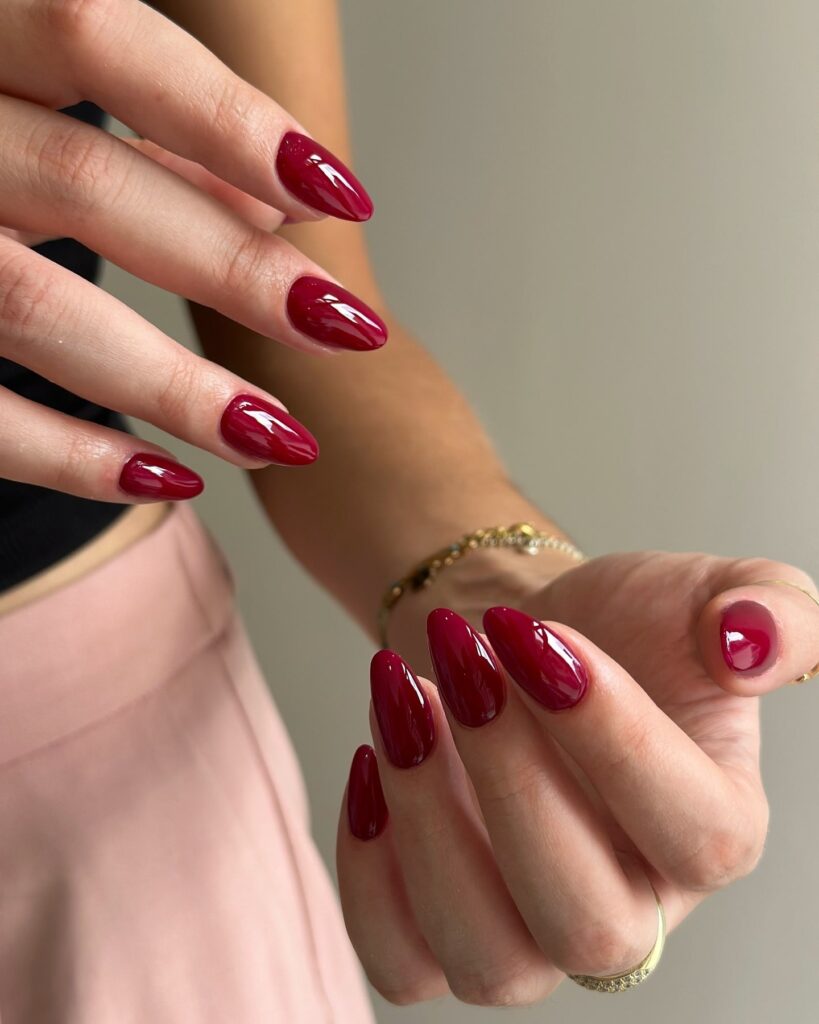 Glossy Almond Cherry Red Nail Ideas for Bold and Romantic Evenings
