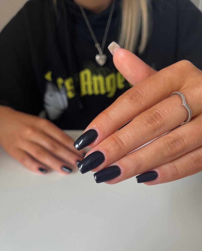 Glossy Jet Black Square Nails for a Minimalist Graduation Look with Bold Attitude