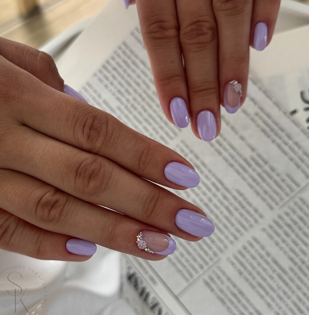 Lavender Almond Nails with Rhinestone Accents for a Soft, Romantic Summer Style