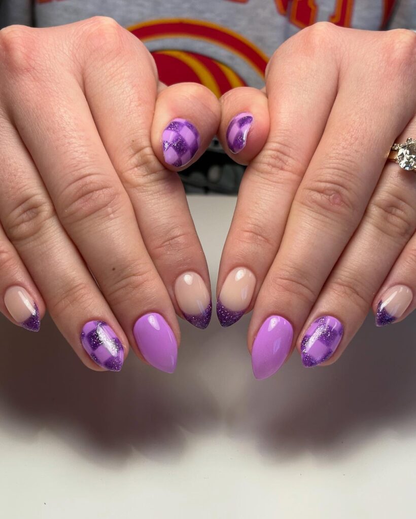 Lavender and Glitter Plaid Birthday Nails with Nude and Purple Accents