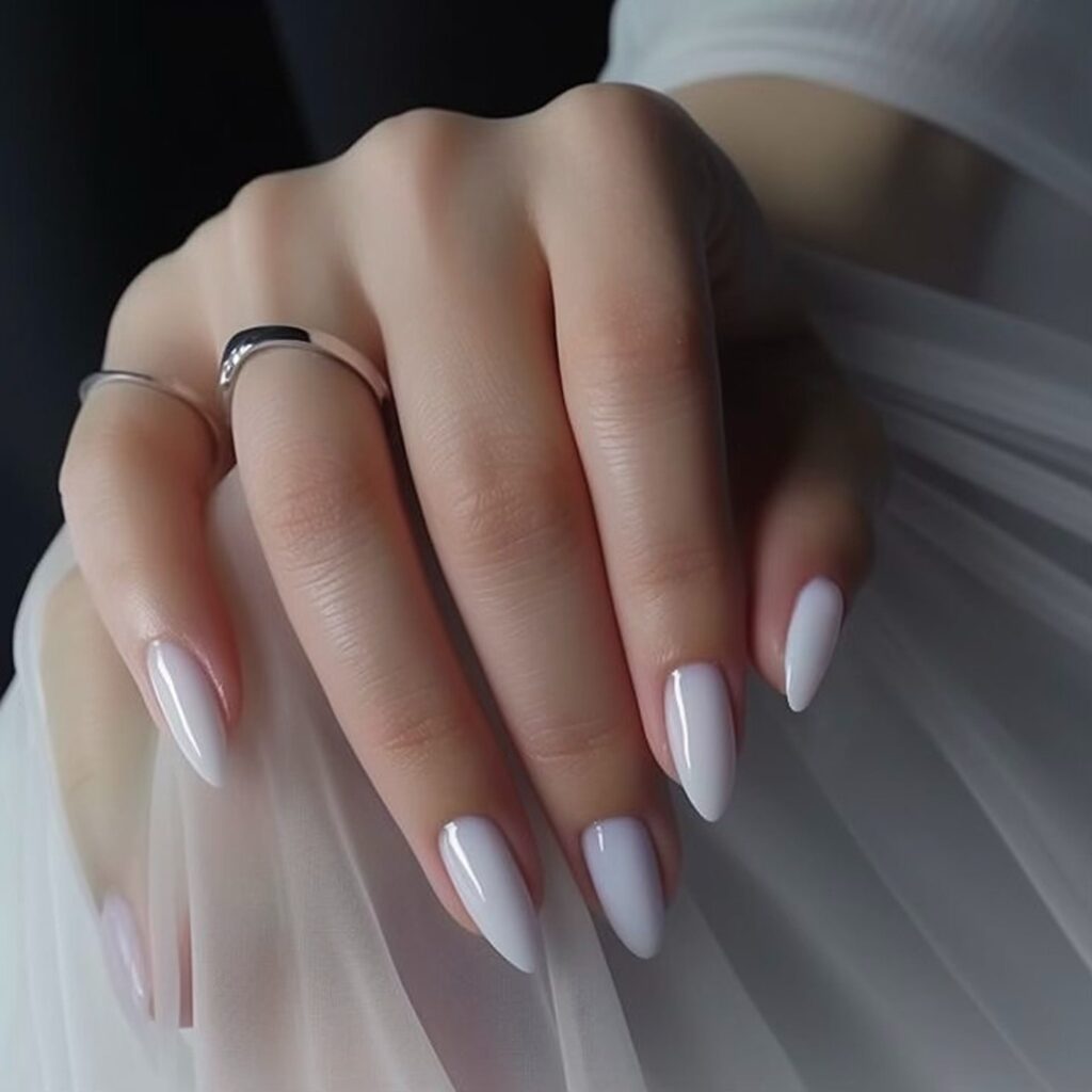 Lavender white almond nails with a glossy top coat for feminine nail ideas